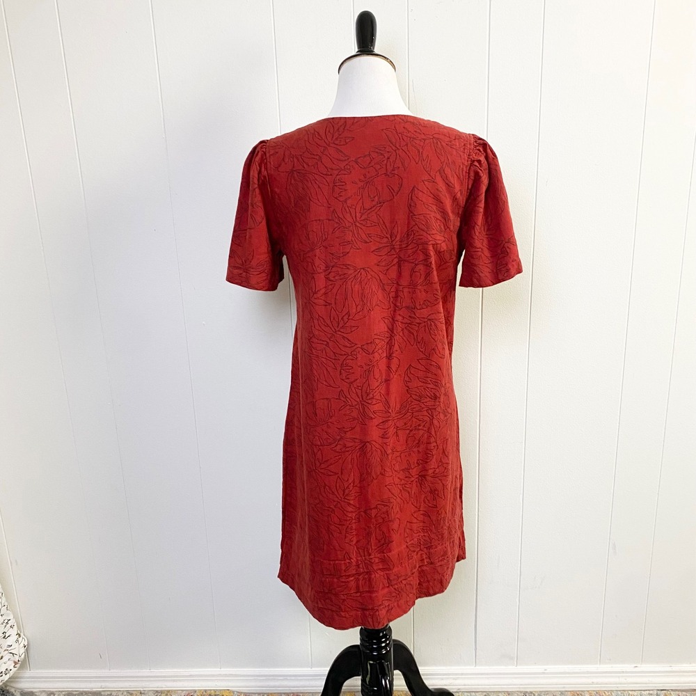 Nicole Miller Sz M Terracotta Red Linen Blend Tropical Leaf V-Neck Shift Dress - Picture 2 of 10